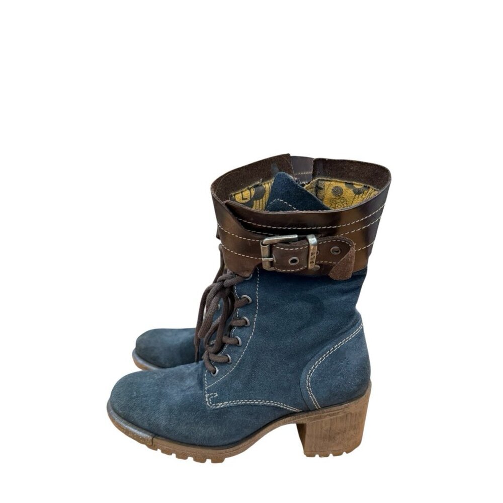 Fly London Lask Moto Zip Lace Up Buckle Size EUR 38 Navy Boots Distressed Goth